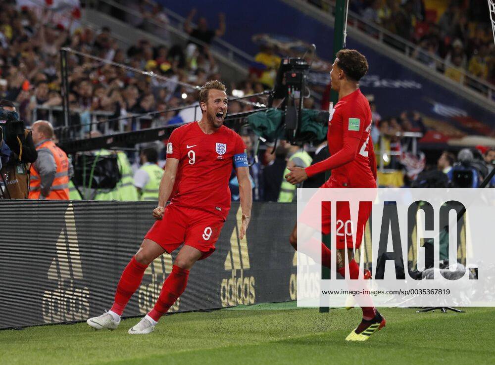 Harry Kane of England celebrates scoring the first goal from a penalty during the FIFA World Cup WM Weltmeisterschaft Fussball 2018 Round of 16 match at the Spartak Stadium, Moscow. Picture date 3rd July 2018. Picture credit should read: David Klein Sportimage .