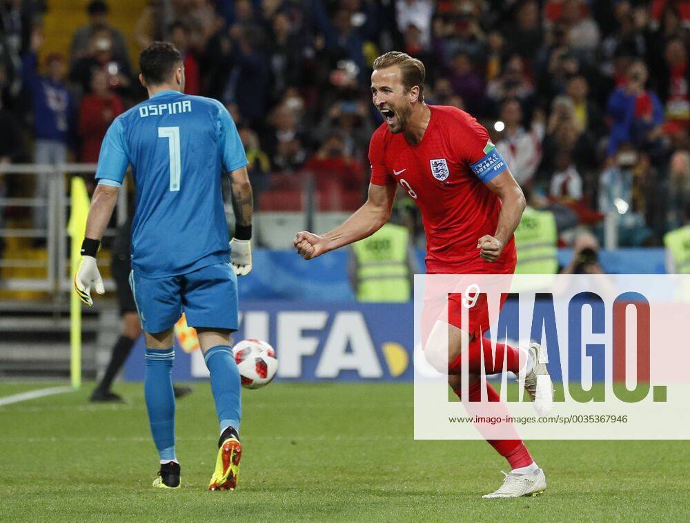Harry Kane of England celebrates scoring the first goal from the penalty spot during the FIFA World Cup WM Weltmeisterschaft Fussball 2018 Round of 16 match at the Spartak Stadium, Moscow. Picture date 3rd July 2018. Picture credit should read: David Klein Sportimage .