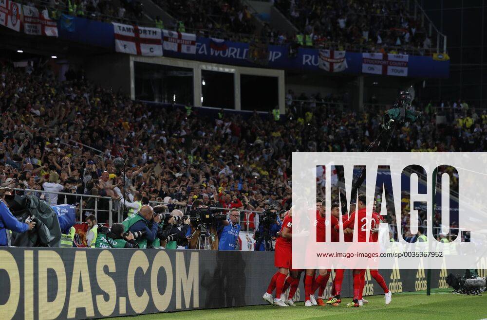Harry Kane of England celebrates scoring the first goal from the penalty spot during the FIFA World Cup WM Weltmeisterschaft Fussball 2018 Round of 16 match at the Spartak Stadium, Moscow. Picture date 3rd July 2018. Picture credit should read: David Klein Sportimage .