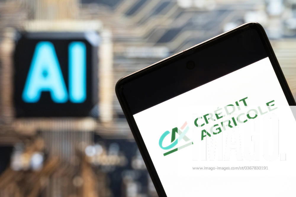 Logos displayed on smartphones in China - 03 Nov 2023 In this photo illustration, the French worlds largest cooperative financial institution Credit Agricole logo seen displayed on a smartphone with an Artificial intelligence (AI) chip and symbol in the background. China