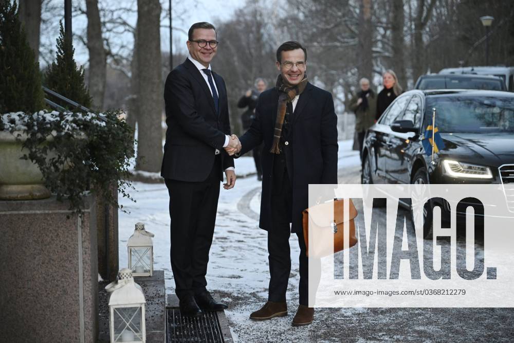 Finnish Prime Minister Petteri Orpo (L) welcomes his Swedish counterpart Ulf Kristersson at the Prime Minister s official residence Kesäranta in Helsinki, Finland on November 27, 2023. Helsinki Finland