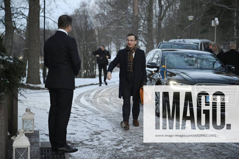 Finnish Prime Minister Petteri Orpo (L) welcomes his Swedish counterpart Ulf Kristersson at the Prime Minister s official residence Kesäranta in Helsinki, Finland on November 27, 2023. Helsinki Finland