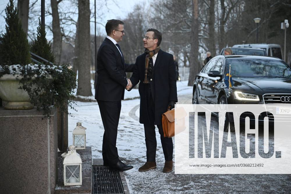 Finnish Prime Minister Petteri Orpo (L) welcomes his Swedish counterpart Ulf Kristersson at the Prime Minister s official residence Kesäranta in Helsinki, Finland on November 27, 2023. Helsinki Finland