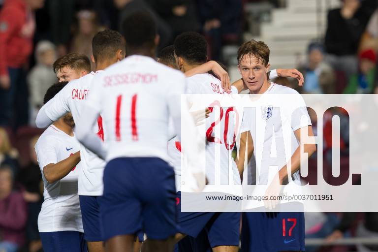 16th October 2018, Tynecastle Park, Edinburgh, Scotland; UEFA U21 U 21 European Football Championships, qualification, Scotland versus England; Kieran Dowel of England is congratulated after scoring for 2-0 in the 92nd minute by Dominic Solanke ActionPlus12070520 DavidxYoung