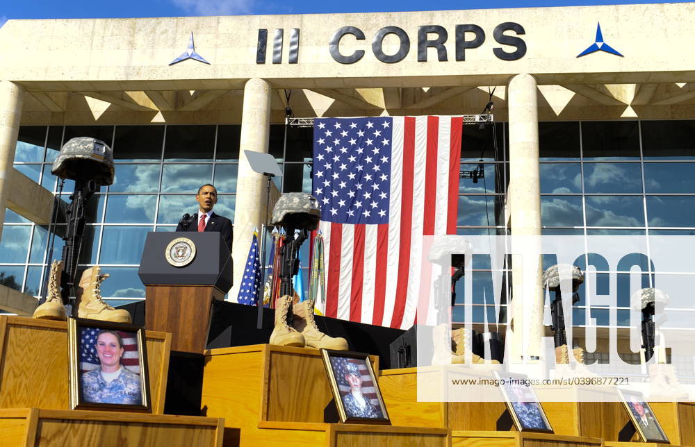 Memorial service for 13 killed and 30 wounded at Fort Hood shooting Fort Hood, TX - November 10, 2009 -- U.S. President Barack Obama speaks at the memorial service for the 12 soldiers and one civilian killed at Fort Hood U.S Army Post near Killeen, Texas, USA 10 November 2009. Army Major Malik Nadal Hasan reportedly shot and killed 13 people, 12 soldiers and one civilian, and wounded 30 others in a rampage 05 November at the base s Soldier Readiness Center where deploying and returning soldiers undergo medical screenings. .Credit: Tannen Maury Pool via CNP Fort Hood Texas United States of America