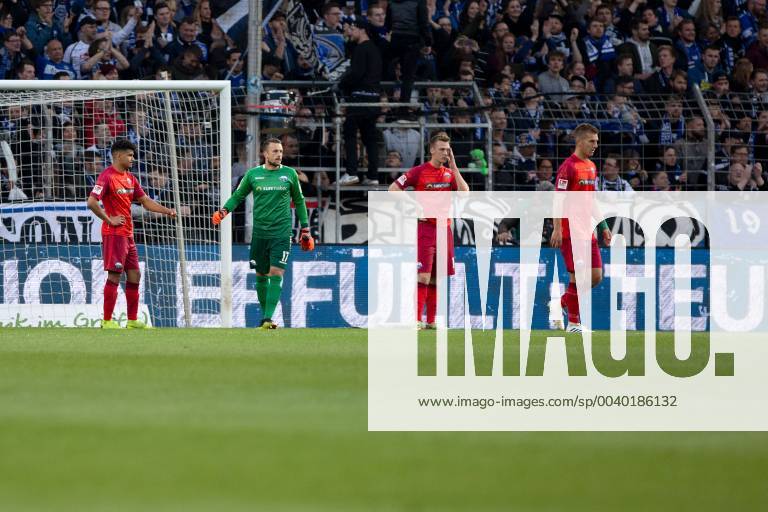 Football 2 Bundesliga 32 Matchday DSC Arminia Bielefeld SC Paderborn 07 03 05 2019 at the Schüco Arena in Bielefeld v l n r Mohamed Dräger Paderborn Leopold Zingerle Paderborn Sebastian Schonlau Paderborn Uwe Hünemeier Paderborn DFL regulations prohibit any use of photographs as image sequences and or quasi video