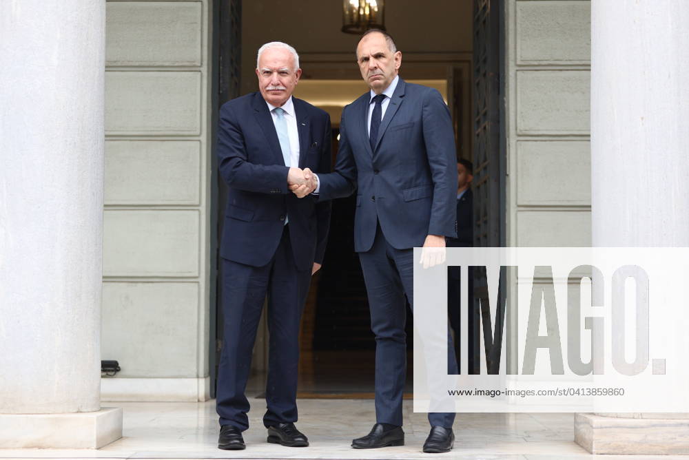 Greek Foreign Minister Giorgos Gerapetritis (R) welcomes the Palestinian Authoritys Foreign Minister Riyad al-Maliki (L) during their meeting in Athens, Greece, 15 February 2024. The Palestinian Authoritys foreign minister is in Athens on a working visit. IMAGO ONE INCH PRODUCTIONS ATHENS Greece