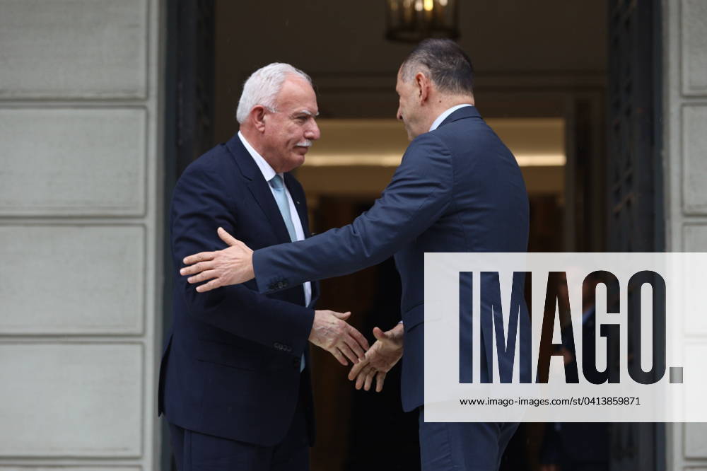 Greek Foreign Minister Giorgos Gerapetritis (R) welcomes the Palestinian Authoritys Foreign Minister Riyad al-Maliki (L) during their meeting in Athens, Greece, 15 February 2024. The Palestinian Authoritys foreign minister is in Athens on a working visit. IMAGO ONE INCH PRODUCTIONS ATHENS Greece