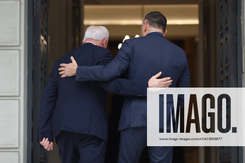 Greek Foreign Minister Giorgos Gerapetritis (R) welcomes the Palestinian Authoritys Foreign Minister Riyad al-Maliki (L) during their meeting in Athens, Greece, 15 February 2024. The Palestinian Authoritys foreign minister is in Athens on a working visit. IMAGO ONE INCH PRODUCTIONS ATHENS Greece
