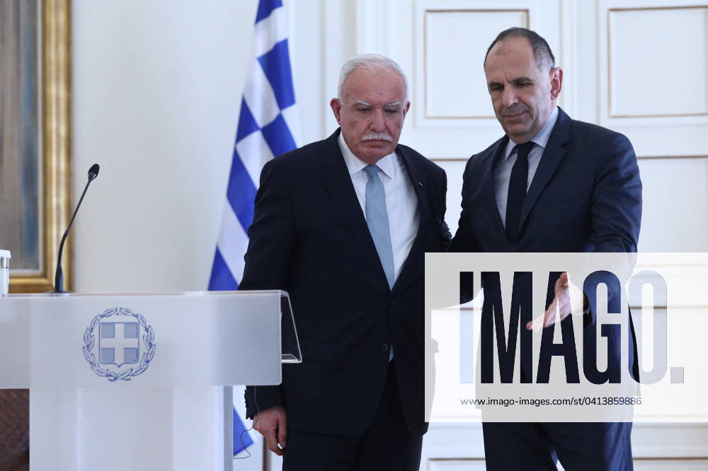 Greek Foreign Minister Giorgos Gerapetritis (R) welcomes the Palestinian Authoritys Foreign Minister Riyad al-Maliki (L) during their meeting in Athens, Greece, 15 February 2024. The Palestinian Authoritys foreign minister is in Athens on a working visit. IMAGO ONE INCH PRODUCTIONS ATHENS Greece