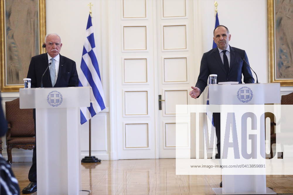 Greek Foreign Minister Giorgos Gerapetritis (R) welcomes the Palestinian Authoritys Foreign Minister Riyad al-Maliki (L) during their meeting in Athens, Greece, 15 February 2024. The Palestinian Authoritys foreign minister is in Athens on a working visit. IMAGO ONE INCH PRODUCTIONS ATHENS Greece