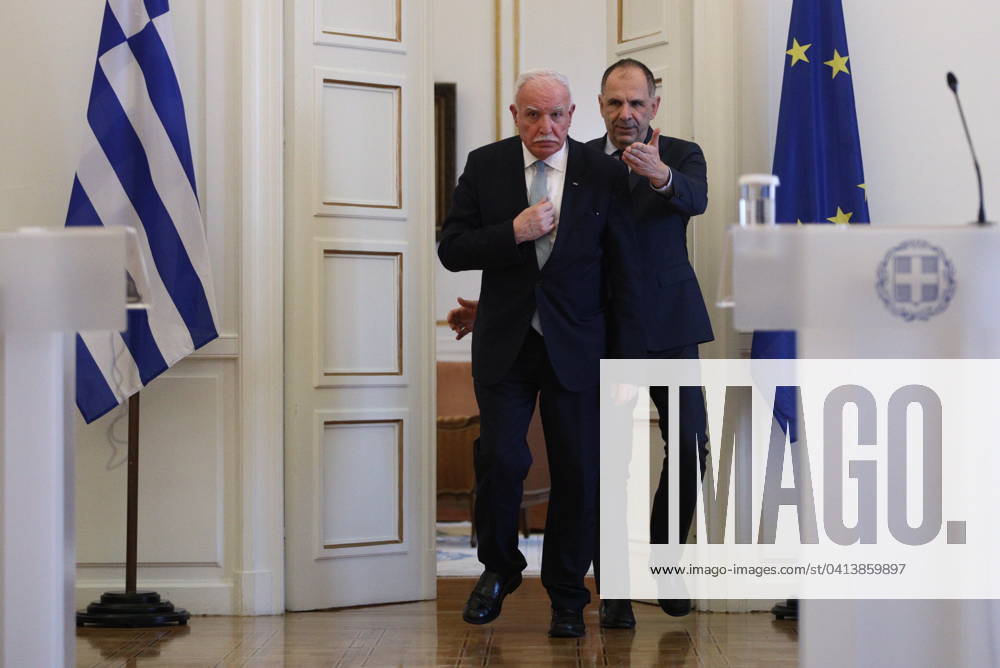 Greek Foreign Minister Giorgos Gerapetritis (R) welcomes the Palestinian Authoritys Foreign Minister Riyad al-Maliki (L) during their meeting in Athens, Greece, 15 February 2024. The Palestinian Authoritys foreign minister is in Athens on a working visit. IMAGO ONE INCH PRODUCTIONS ATHENS Greece