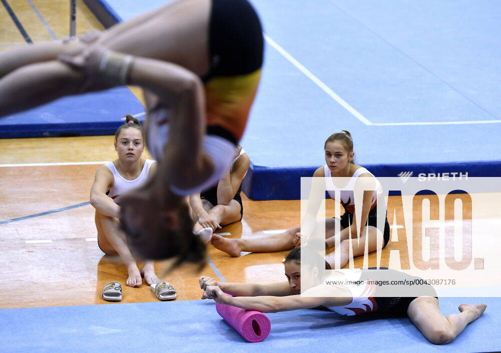Belgian gymnast Jade Vansteenkiste, Belgian gymnast Julie Vandamme, Belgian gymnast Margaux Daveloose and Belgium gymnast Nina Derwael pictured during a training session of Belgian team ahead of the start of the World Artistic Gymnastics Championships in Stuttgard, Germany, from 4 to 13 October 2019, Thursday 03 October 2019. ERICxLALMAND x05678122x