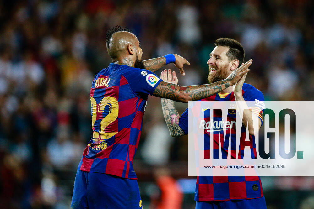 22 Arturo Vidal from Chile of FC Barcelona, Barca celebrating his goal with 10 Lionel Messi from Argentina of FC Barcelona during the La Liga match between FC Barcelona and Sevilla FC in Camp Nou Stadium in Barcelona 06 of October of 2019, Spain. Soccer: La Liga - FC Barcelona v Sevilla - ZUMAa181 20191006_zaa_a181_007