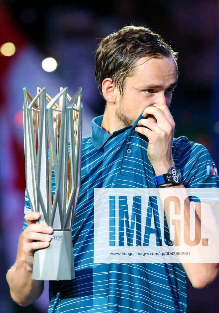 (191013) -- SHANGHAI, Oct. 13, 2019 -- Daniil Medvedev of Russia reacts during the awarding ceremony after the men s singles final match between Daniil Medvedev of Russia and Alexander Zverev of Germany at 2019 ATP, Tennis Herren Shanghai Masters tennis tournament in Shanghai, east China, on Oct. 13, 2019. ) (SP)CHINA-SHANGHAI-TENNIS-ATP MASTERS(CN) DingxTing