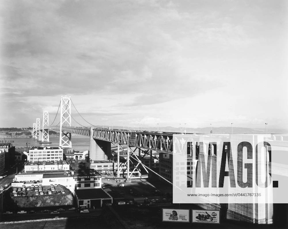 BAY BRIDGE, SAN FRANCISCO. The San Francisco-Oakland Bay Bridge, completed in 1936 at a cost of $77 million. Photographed in the 1940s.