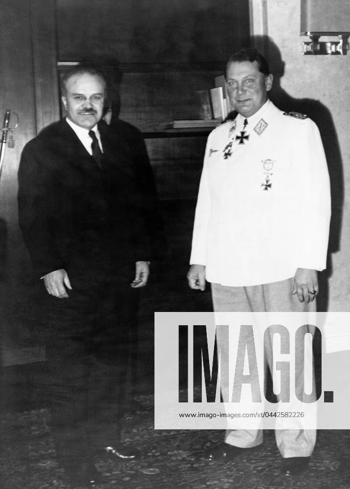 MOLOTOV AND GÖRING, 1940. Russian foreign minister Vyacheslav Mikhaylovich Molotov meeting with German Nazi Party leader Hermann Göring. Photograph, 1940.
