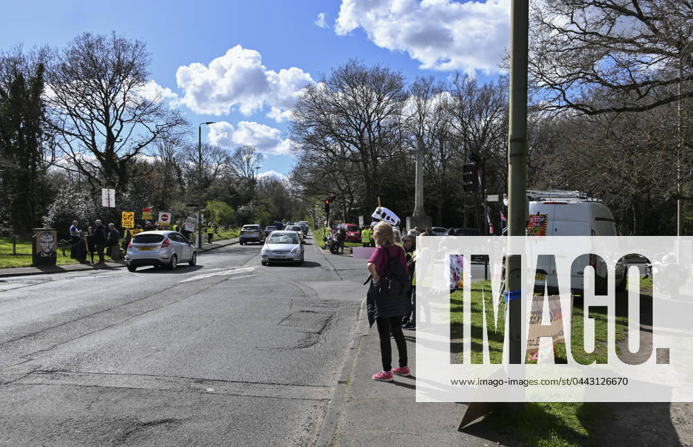 Protesters during a protest against the Ultra Low Emission Zone at the Chislehurst War Memorial in Chislehurst, London. ULEZ cameras in Chislehurst and other nearby areas have been vandalised in previous months.