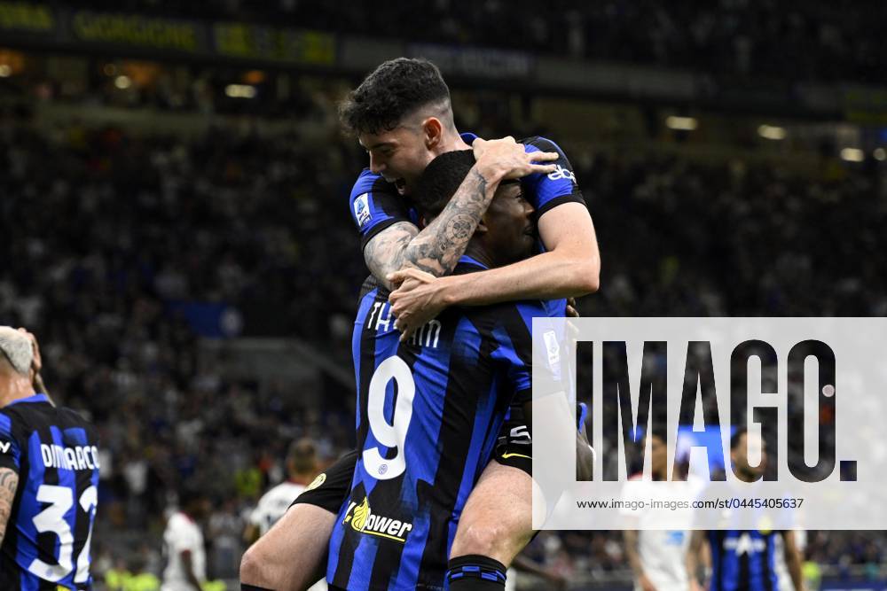 Photo IPP Paolo Bona Milan 14 04 2024 Serie A Football Championship season 2023 2024 match Inter Cagliari In the photo Marcus Thuram exults after the goal of 1 0 embraced by alessandro bastoni Italy Photo Press Worldwide Copyright