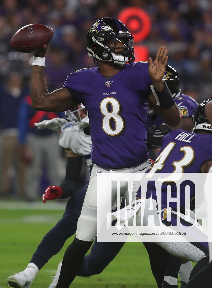 Baltimore Ravens quarterback Lamar Jackson (8) in action during the AFC divisional playoff against the Tennessee Titans at M&T Bank Stadium in Baltimore, Maryland on January 11, 2020. Photo Mike Buscher Cal Media NFL, American Football Herren, USA 2020: Titans vs Ravens JAN 11 - ZUMAc04_ 20200111_zaf_c04_230