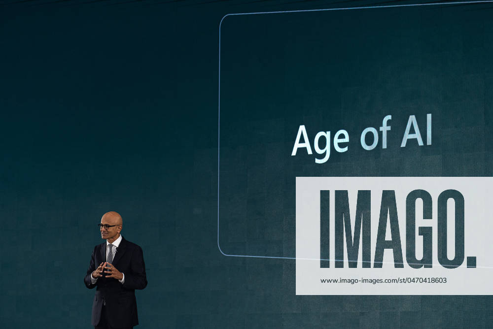 Satya Nadella, An executive chairman and CEO of Microsoft Corporation speaks during the Microsoft Build: AI Day event at the Queen Sirikit National Convention Center. Satya Nadella has announces that the Microsoft corporation has planned to invest of the first data center, the Cloud First platform and artificial intelligence (AI) in Thailand. Bangkok Thailand - ZUMAs197 20240501_aaa_s197_066