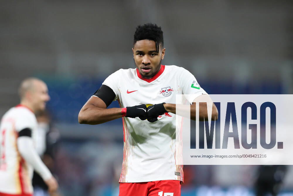 Goal celebration scorer Christopher Nkunku RB Leipzig,18 meets for 2 0 1 Football Bundesliga Season 2020 2021 Punktspiel RB Leipzig vs Arminia Bielefeld in the Red Bull Arena in Leipzig Action,Football,Germany,Man,Men
