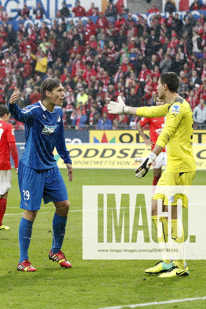 Mainz, Germany 05 October 2013 1 Bundesliga 13 14 8 Spieltag 1 FSV Mainz 05 vs 1899 Hoffenheim v li Jannik Vestergaard Hoffenheim , goalkeeper Koen Casteels Hoffenheim , dissatisfied disappointed disappointed dejected frustrated, gesture gestured, tall, portrait 1 Bundesliga 13 14 8 Spieltag 1 FSV Mainz 05 vs 1899 Hoffenheim jr