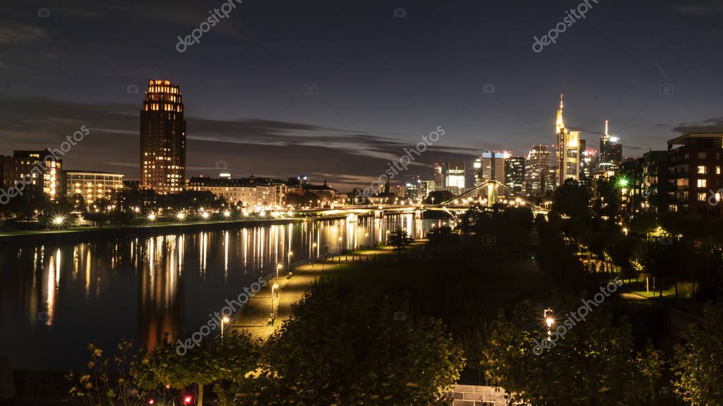 FRANKFURT am MAIN, GERMANY 2019 OCTOBER 05 Illuminated Cityscape Night View Frankfurt am Maine Germany model released