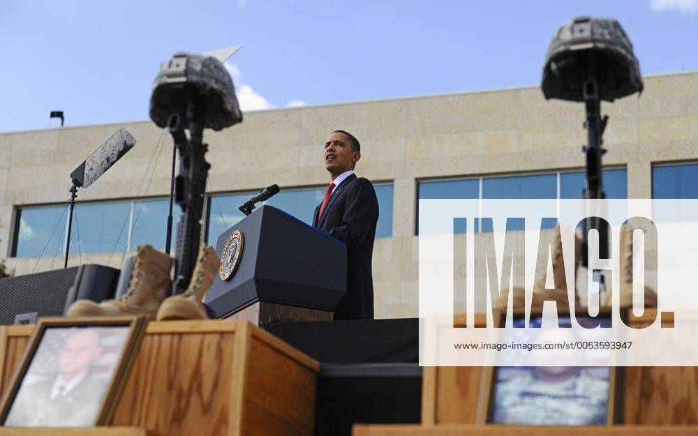 U.S. President Barack Obama speaks at the memorial service for the 12 soldiers and one civilian killed at Fort Hood U.S Army Post near Killeen, Texas, November 10, 2009. Army Major Malik Nadal Hasan reportedly shot and killed 13 people, 12 soldiers and one civilian, and wounded 30 others in a rampage on November 5 at the base s Soldier Readiness Center where deploying and returning soldiers undergo medical screenings. WAX20091111514