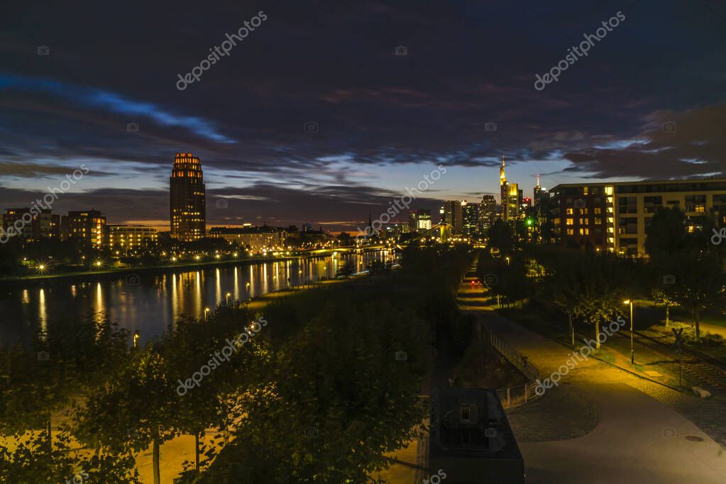 FRANKFURT am MAIN, GERMANY 2019 OCTOBER 05 Illuminated Cityscape Night View Frankfurt am Maine Germany