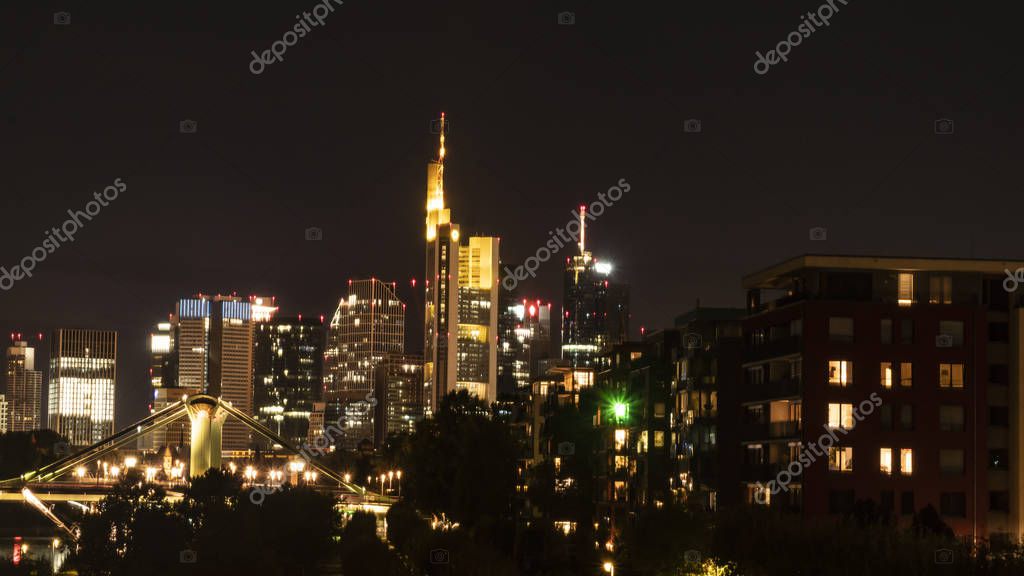 FRANKFURT am MAIN, GERMANY 2019 OCTOBER 05 Illuminated Cityscape Night View Frankfurt am Maine Germany