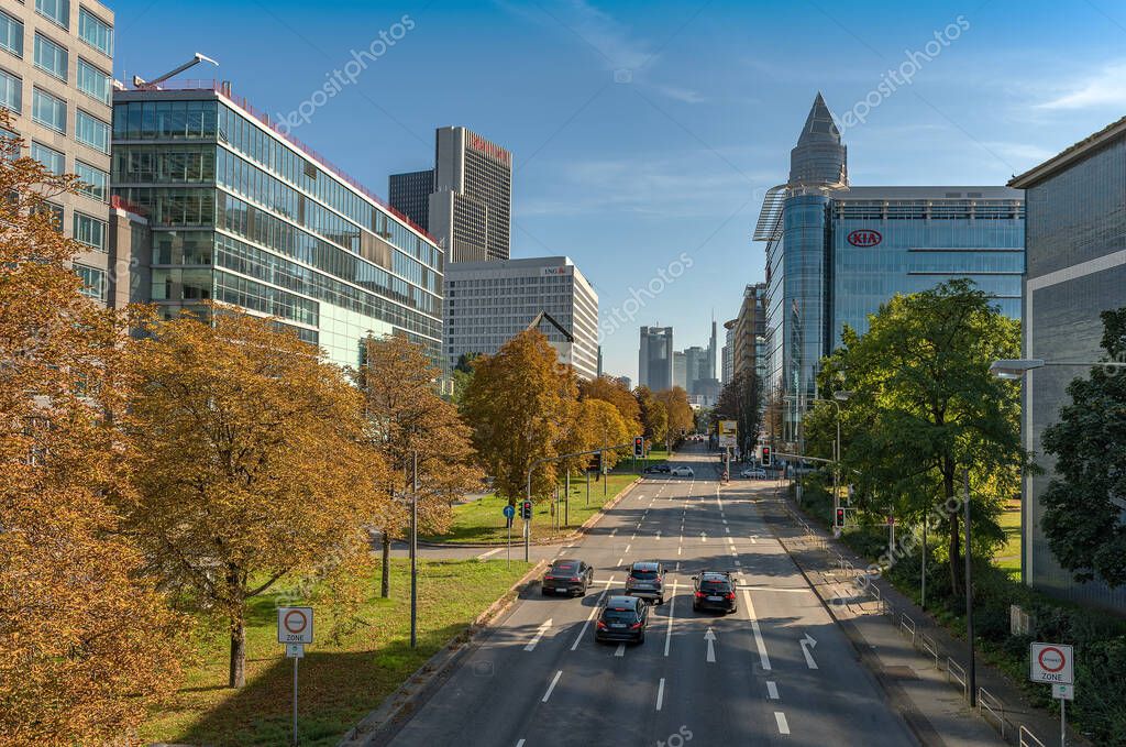 FRANKFURT AM MAIN, GERMANY-OCTOBER 10, 2021: city traffic on theodor heuss allee in frankfurt main