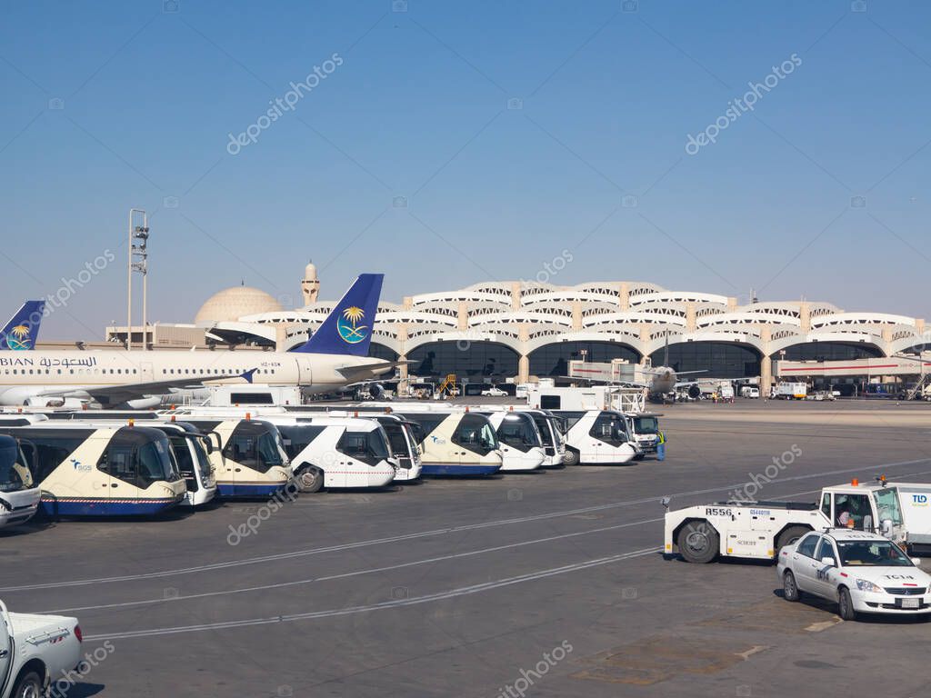 Planes preparing for take off at Riyadh King Khalid Airport on March 01, 2016 in Riyadh, Saudi Arabia. Riyadh airport is home port for Saudi Arabian Airlines.