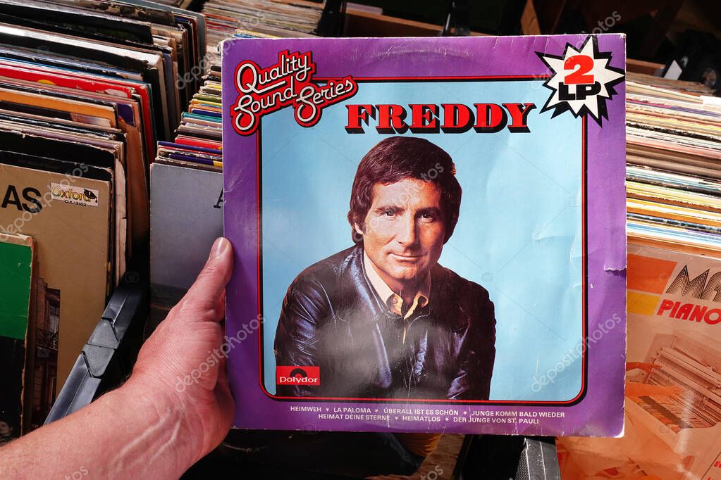THE NETHERLANDS - MAY 2020: LP record of the Austrian singer and actor Freddy Quinn in a second hand store.