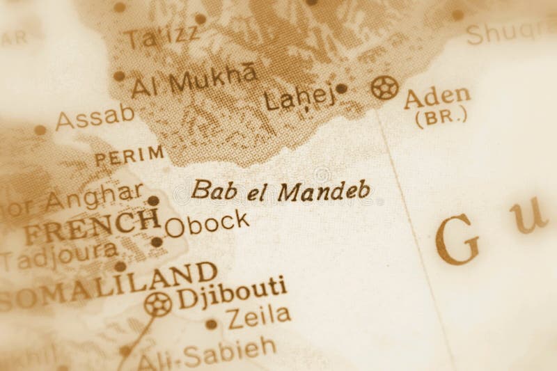 The Strait of Bab al-Mandab., The Strait of Bab al-Mandab, located in the Horn of Africa selective sepia focus.