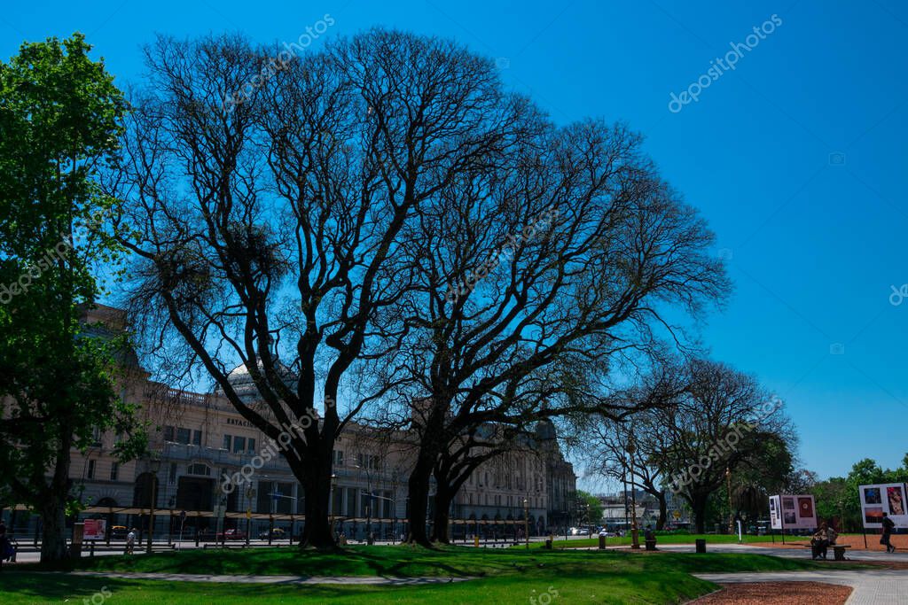 Buenos Aires, Argentina. October 14, 2018. The Argentine Air Force Square (Plaza Fuerza Aerea Argentina) with Retiro Railway Station in the background