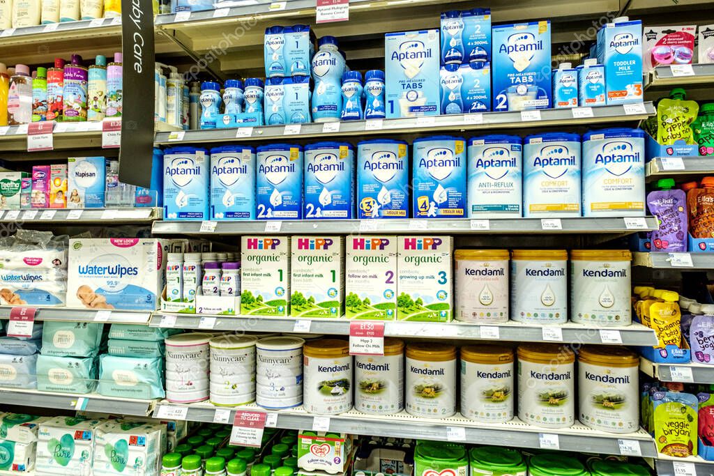 Epsom Surrey, August 14 2022, Selection of Baby And Toddler Milk And Food On Supermarket Shelf