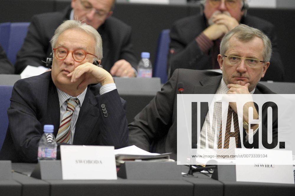 Jan 13, 2009 - Strasbourg, France - Austrian deputy HANNES SWOBODA (L) and Polish member of EP MAREK SIWIEC during meeting of Foreign Affairs Committee on gas crisis at European Parliament (EP). - ZUMAw80_
