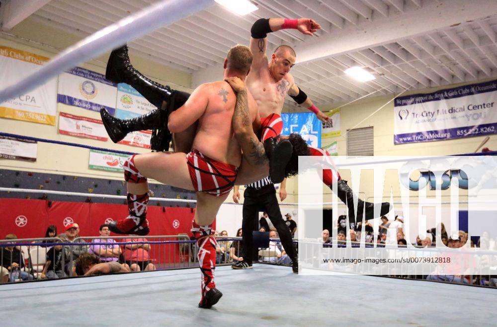 Oceanside, California, USA - 10 15 2016_Oceanside, CA_SoCal Pro Wrestling s Rumble in Oceanside event at the Oceanside Boys & Girls Club gymnasium. Tag-team PBR (Partying, Brawlin , and Rasslin ) body slam an opponent._Photo by Oceanside USA - ZUMAn47_