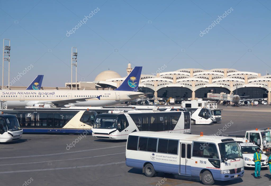 Planes preparing for take off at Riyadh King Khalid Airport on March 01, 2016 in Riyadh, Saudi Arabia. Riyadh airport is home port for Saudi Arabian Airlines.