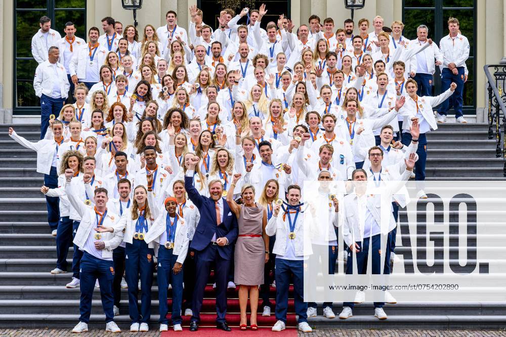 The Hague, The Netherlands, 2024 08 13 15 25 15 THE HAGUE, 13 08 2024, Huis ten Bosch PalaceKing Willem Alexander and Queen Maxima receive the Dutch medal winners of the 2024 Summer Olympics in Paris at Huis ten Bosch PalacePHOTO NLImage Patrick van EmstIn the pho