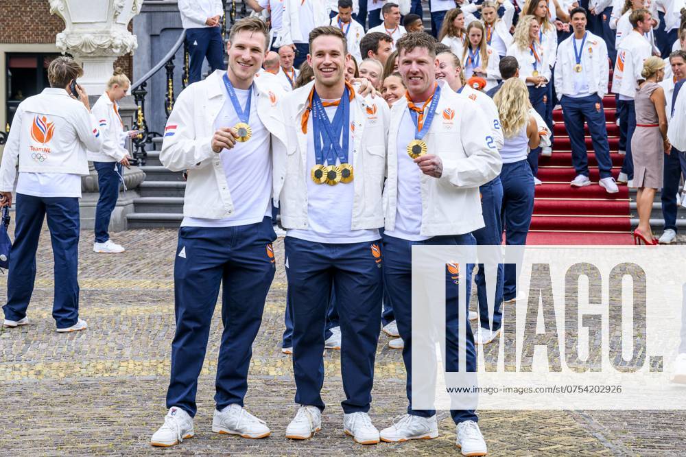 The Hague, The Netherlands, 2024 08 13 15 32 10 THE HAGUE, 13 08 2024, Huis ten Bosch PalaceKing Willem Alexander and Queen Maxima receive the Dutch medal winners of the 2024 Summer Olympics in Paris at Huis ten Bosch PalacePHOTO NLImage Patrick van EmstIn the photo Jeffrey Hoogland, Harrie Lavreysen and Roy van den Berg Credit NL Image Patrick van Emst