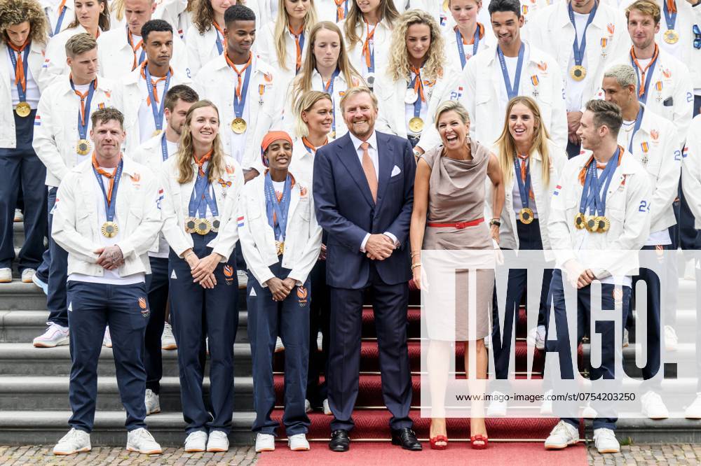 The Hague, The Netherlands, 2024 08 13 15 26 16 THE HAGUE, 13 08 2024, Huis ten Bosch PalaceKing Willem Alexander and Queen Maxima receive the Dutch medal winners of the 2024 Summer Olympics in Paris at Huis ten Bosch PalacePHOTO NLImage Patrick van EmstIn the pho