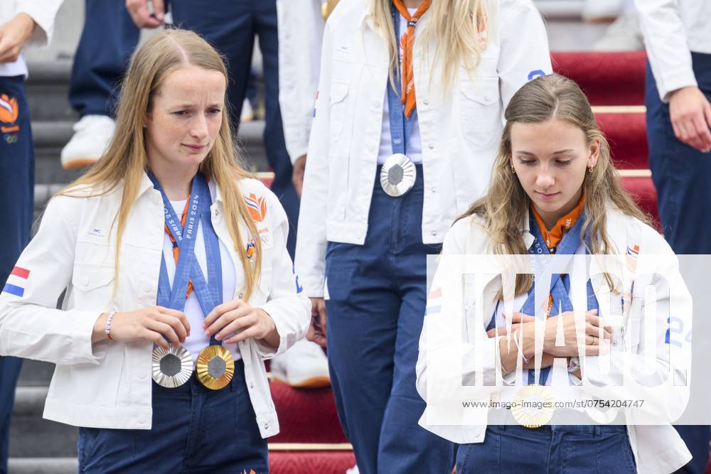 The Hague, The Netherlands, 2024 08 13 15 22 16 THE HAGUE, 13 08 2024, Huis ten Bosch PalaceKing Willem Alexander and Queen Maxima receive the Dutch medal winners of the 2024 Summer Olympics in Paris at Huis ten Bosch PalacePHOTO NLImage Patrick van EmstIn the photo Femke Bol and Cathelijn Peeters Credit NL Image Patrick van Emst