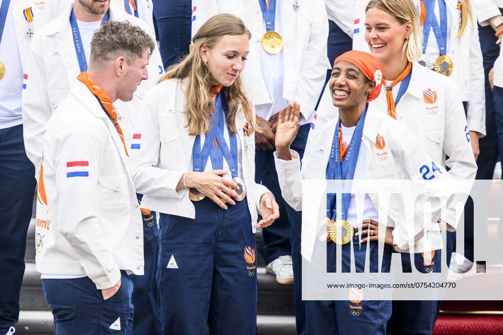 The Hague, The Netherlands, 2024 08 13 15 29 31 THE HAGUE, 13 08 2024, Huis ten Bosch PalaceKing Willem Alexander and Queen Maxima receive the Dutch medal winners of the 2024 Summer Olympics in Paris at Huis ten Bosch PalacePHOTO NLImage Patrick van EmstIn the photo Harrie Lavreysen, Sifan Hassan, Sharon van Rouwendaal and Femke Bol Credit NL Image Patrick van Emst