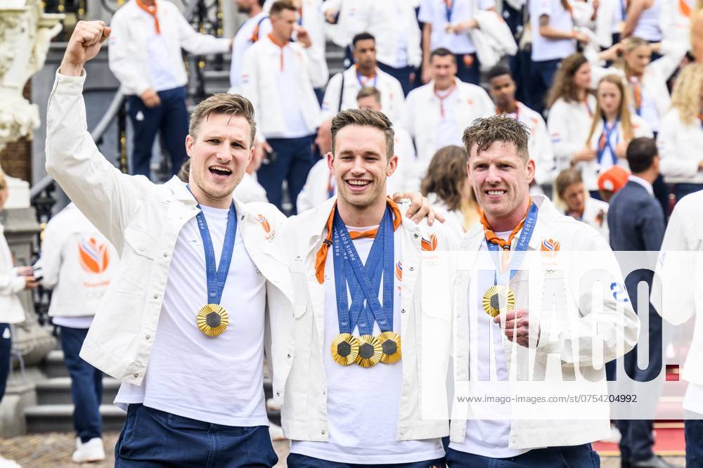The Hague, The Netherlands, 2024 08 13 15 34 18 THE HAGUE, 13 08 2024, Huis ten Bosch PalaceKing Willem Alexander and Queen Maxima receive the Dutch medal winners of the 2024 Summer Olympics in Paris at Huis ten Bosch PalacePHOTO NLImage Patrick van EmstIn the photo Jeffrey Hoogland, Harrie Lavreysen and Roy van den Berg Credit NL Image Patrick van Emst