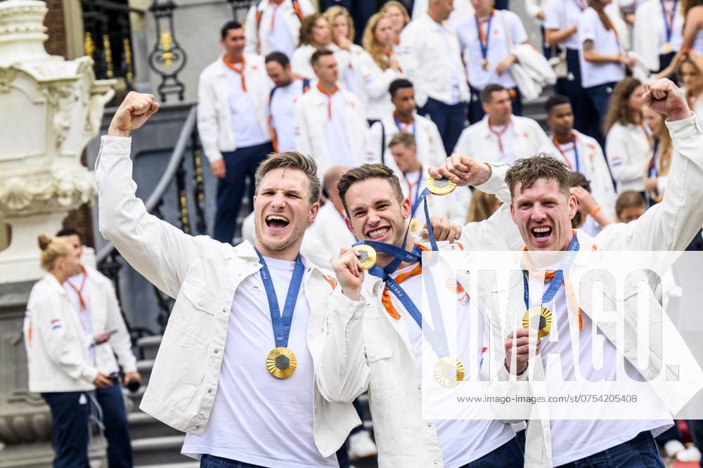 The Hague, The Netherlands, 2024 08 13 15 34 23 THE HAGUE, 13 08 2024, Huis ten Bosch PalaceKing Willem Alexander and Queen Maxima receive the Dutch medal winners of the 2024 Summer Olympics in Paris at Huis ten Bosch PalacePHOTO NLImage Patrick van EmstIn the photo Jeffrey Hoogland, Harrie Lavreysen and Roy van den Berg Credit NL Image Patrick van Emst
