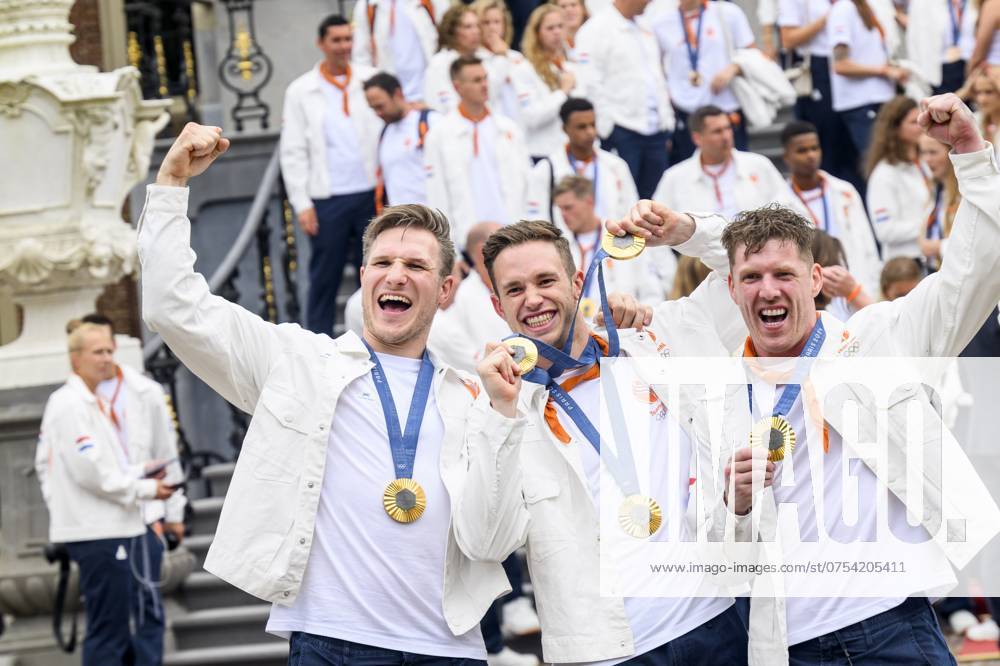 The Hague, The Netherlands, 2024 08 13 15 34 23 THE HAGUE, 13 08 2024, Huis ten Bosch PalaceKing Willem Alexander and Queen Maxima receive the Dutch medal winners of the 2024 Summer Olympics in Paris at Huis ten Bosch PalacePHOTO NLImage Patrick van EmstIn the photo Jeffrey Hoogland, Harrie Lavreysen and Roy van den Berg Credit NL Image Patrick van Emst