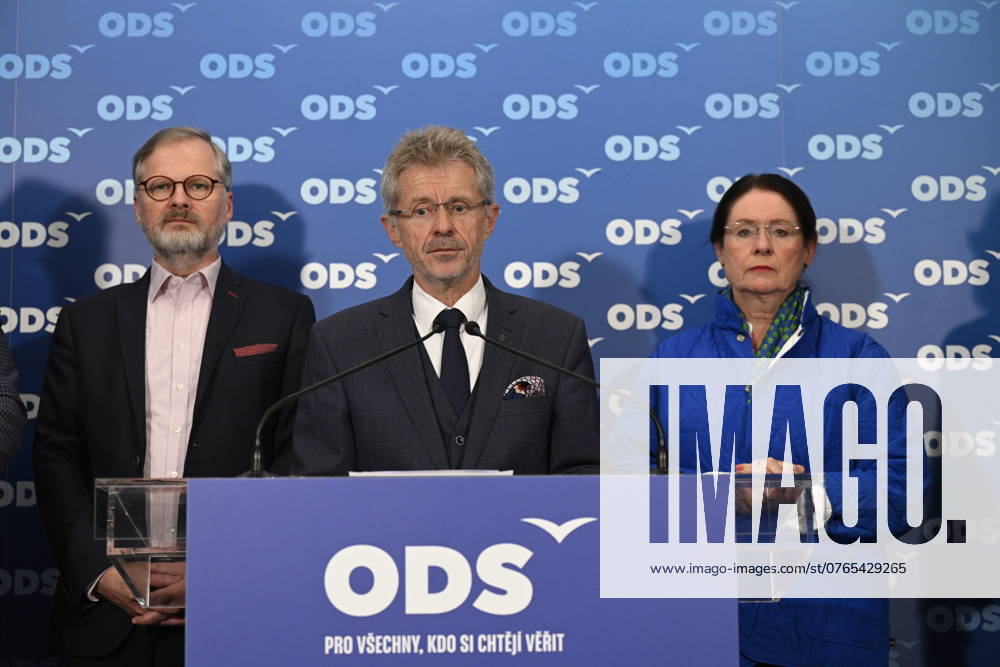 Czech Senate President Milos Vystrcil speaks at a press conference of Civic Democratic Party representatives on the results of the second round of the Senate elections at the ODS election headquarters, Prague, September 28, 2024. On the photo from left: PM Fiala, Milos Vystrcil and Senator Miroslava Nemcova. The second and final round of elections to one-third of the Senate, the upper house of parliament, continued in the Czech Republic today, on September 28, 2024, and voters will decide on 22 senators as five candidates were elected in the first round a week ago already. (CTKxPhoto MichalxKamaryt) CTKPhotoP2024092805145 CTKPhotoP2024092805145