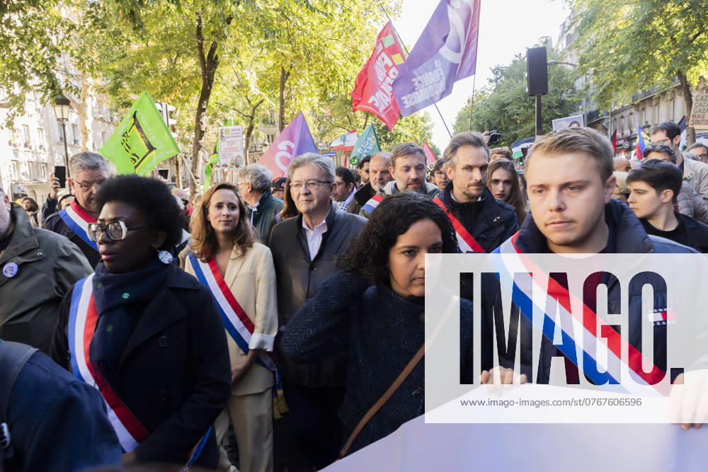 Paris, France October 5, 2024 - Demonstration organized by the Association France Palestine SolidaritÃ (AFPS) to denounce Israel s war in Gaza and Lebanon. Pro-Palestinian demonstrators are participating in national marches across EMEA to mark the start of Israel s war in Gaza after the Hamas attacks of October 7th 2023. They are calling for a ceasefire in the Middle East and an end to the supply of arms to Israel - Daniele Obono, Clemence Guette, Jean-Luc Melenchon, Manon Aubry, Louis Boyard GUERRE, MANIFESTATION PRO PALESTINIENNE, GAZA, PROCHE ORIENT, MOYEN ORIENT, MIDDLE EAST, LIBAN, CONFLIT, GEOPOLITIQUE, ISRAEL, MANIFESTANTS, ARABES, POLITIQUE, GOUVERNEMENT, DIASPORA, MOUVEMENT DE RESISTANCE, TERRITOIRES PALESTINIENS OCCUPES